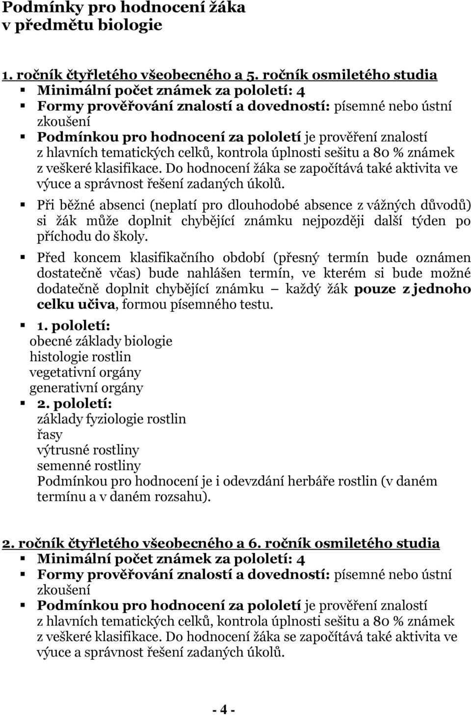 hlavních tematických celků, kontrola úplnosti sešitu a 80 % známek z veškeré klasifikace. Do hodnocení žáka se započítává také aktivita ve výuce a správnost řešení zadaných úkolů.