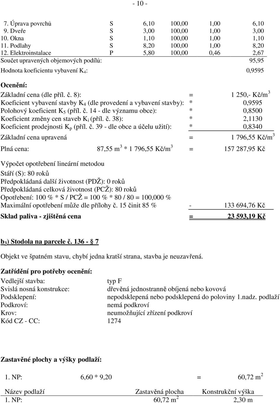 8): = 1 250,- Kč/m 3 Koeficient vybavení stavby K 4 (dle provedení a vybavení stavby): * 0,9595 Polohový koeficient K 5 (příl. č.