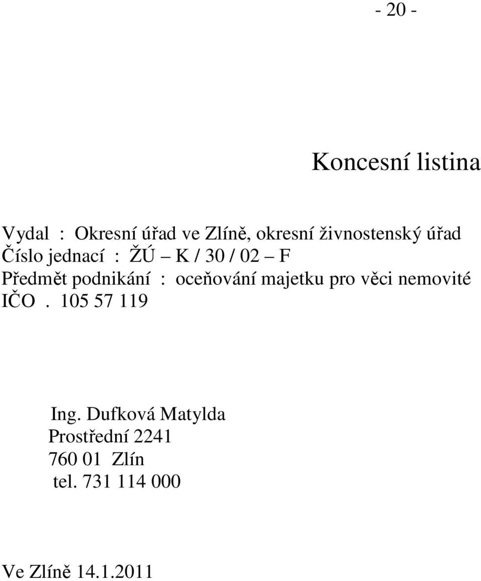 podnikání : oceňování majetku pro věci nemovité IČO. 105 57 119 Ing.