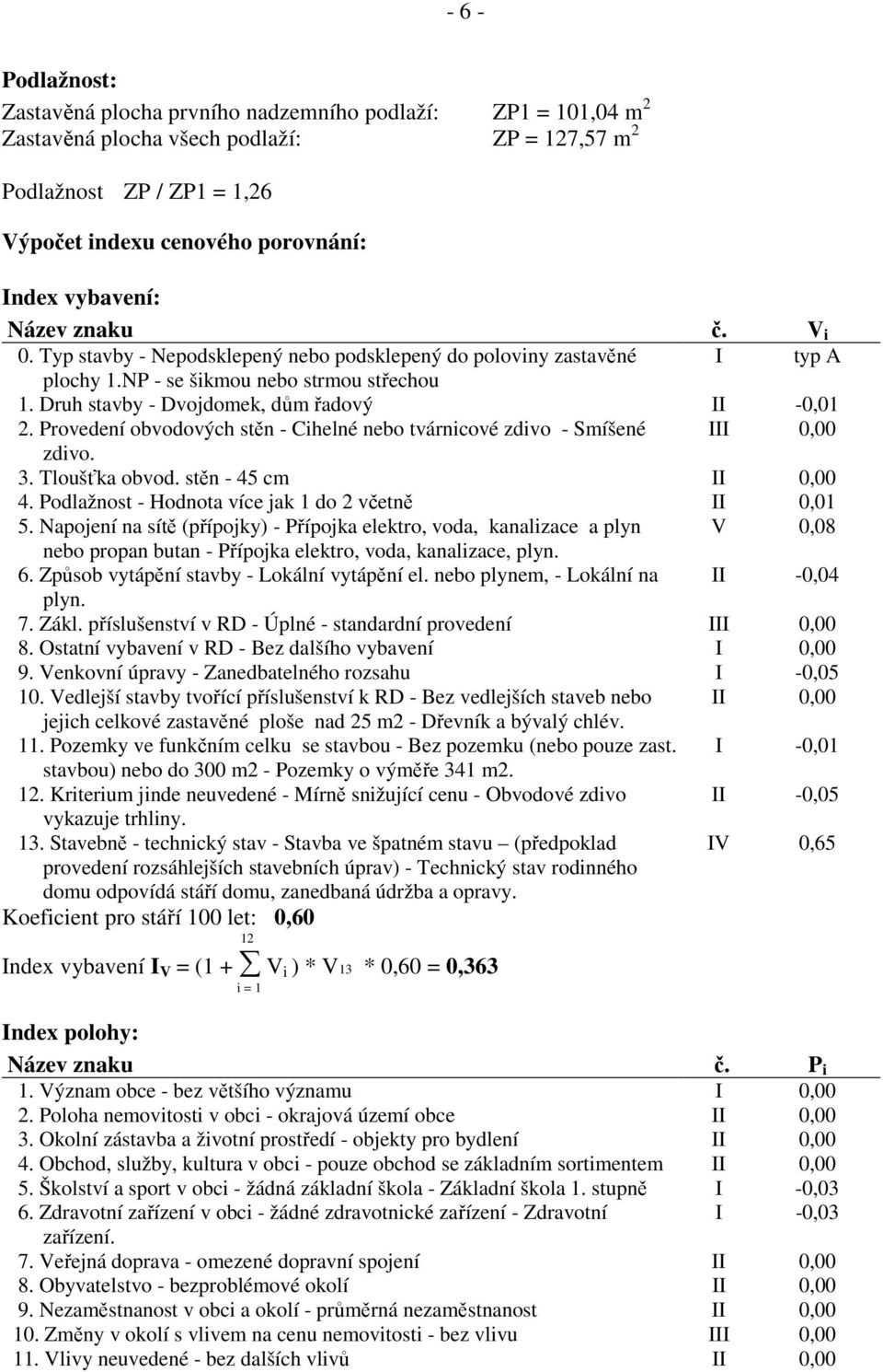 Druh stavby - Dvojdomek, dům řadový II -0,01 2. Provedení obvodových stěn - Cihelné nebo tvárnicové zdivo - Smíšené III 0,00 zdivo. 3. Tloušťka obvod. stěn - 45 cm II 0,00 4.