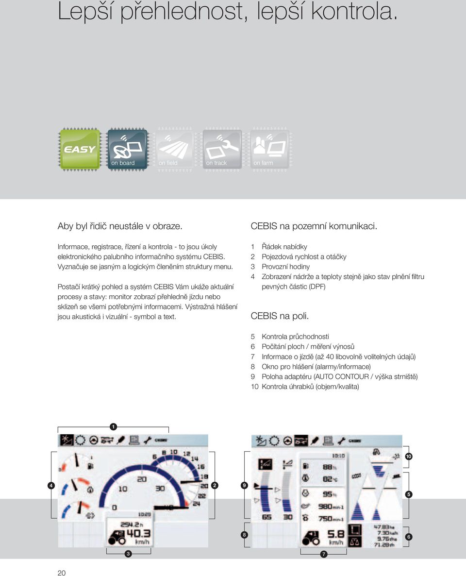 Postačí krátký pohled a systém CEBIS Vám ukáže aktuální procesy a stavy: monitor zobrazí přehledně jízdu nebo sklizeň se všemi potřebnými informacemi.