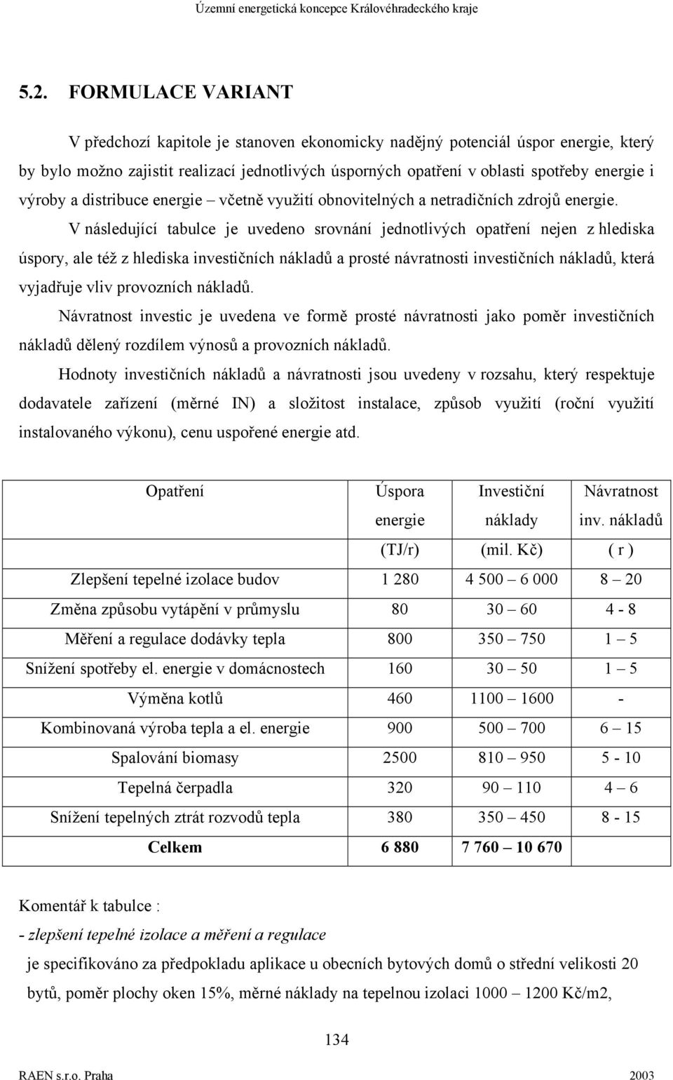 V následující tabulce je uvedeno srovnání jednotlivých opatření nejen z hlediska úspory, ale též z hlediska investičních nákladů a prosté návratnosti investičních nákladů, která vyjadřuje vliv