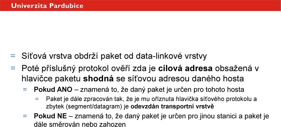 určen pro tohoto hosta = Paket je dále zpracován tak, že je mu oříznuta hlavička síťového protokolu a zbytek