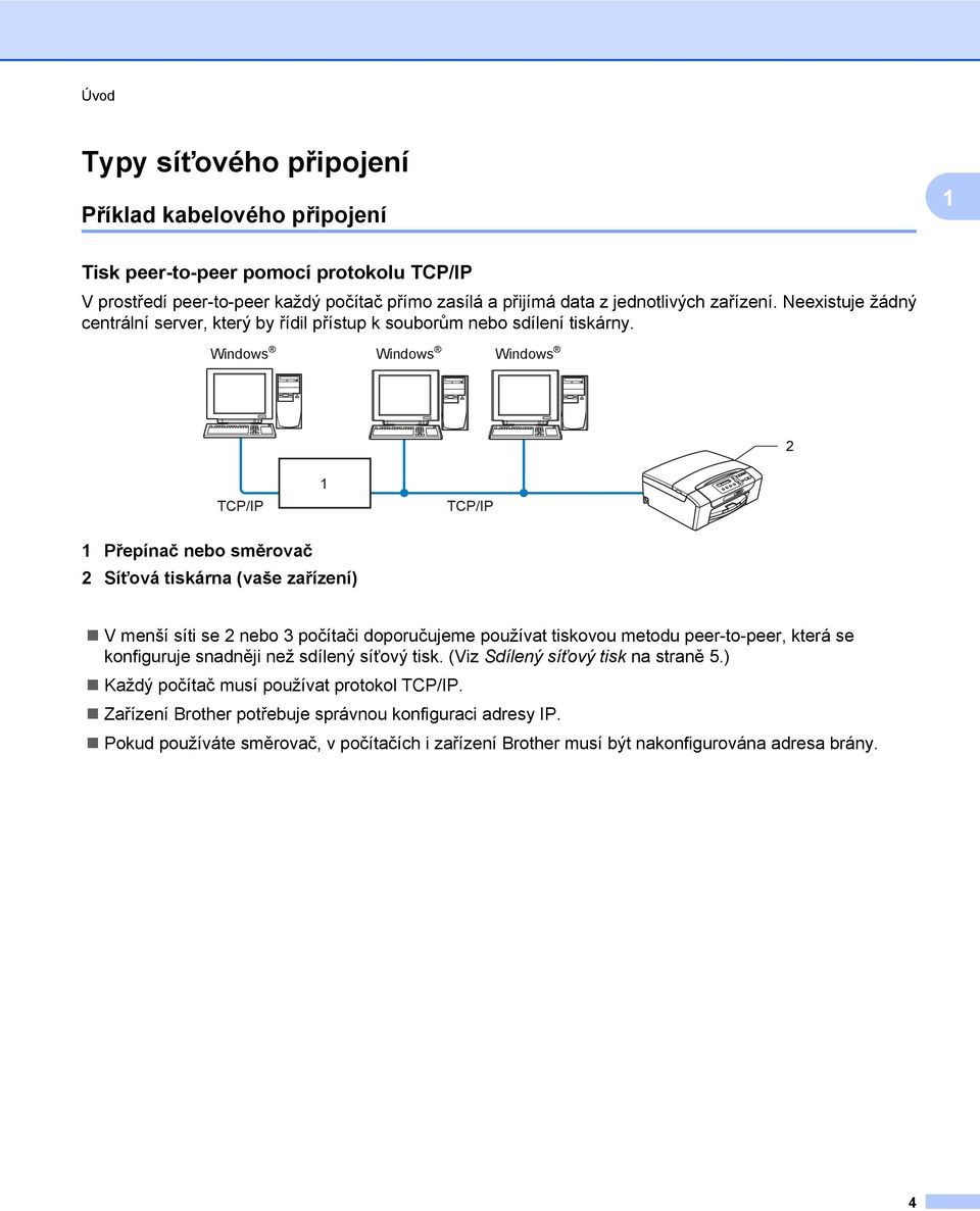 Windows Windows Windows 2 TCP/IP 1 TCP/IP 1 Přepínač nebo směrovač 2 Síťová tiskárna (vaše zařízení) V menší síti se 2 nebo 3 počítači doporučujeme používat tiskovou metodu peer-to-peer, která