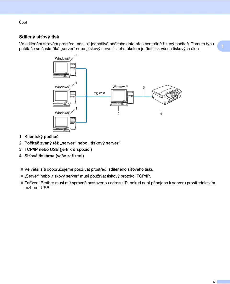 1 1 Klientský počítač 2 Počítač zvaný též server nebo tiskový server 3 TCP/IP nebo USB (je-li k dispozici) 4 Síťová tiskárna (vaše zařízení) Ve větší síti