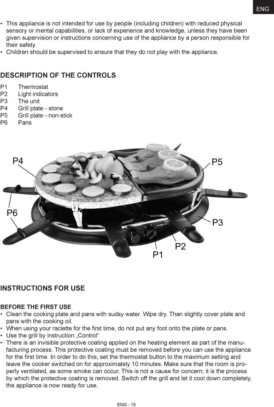 DESCRIPTION OF THE CONTROLS P1 P2 P3 P4 P5 P6 Thermostat Light indicators The unit Grill plate - stone Grill plate - non-stick Pans INSTRUCTIONS FOR USE BEFORE THE FIRST USE Clean the cooking plate
