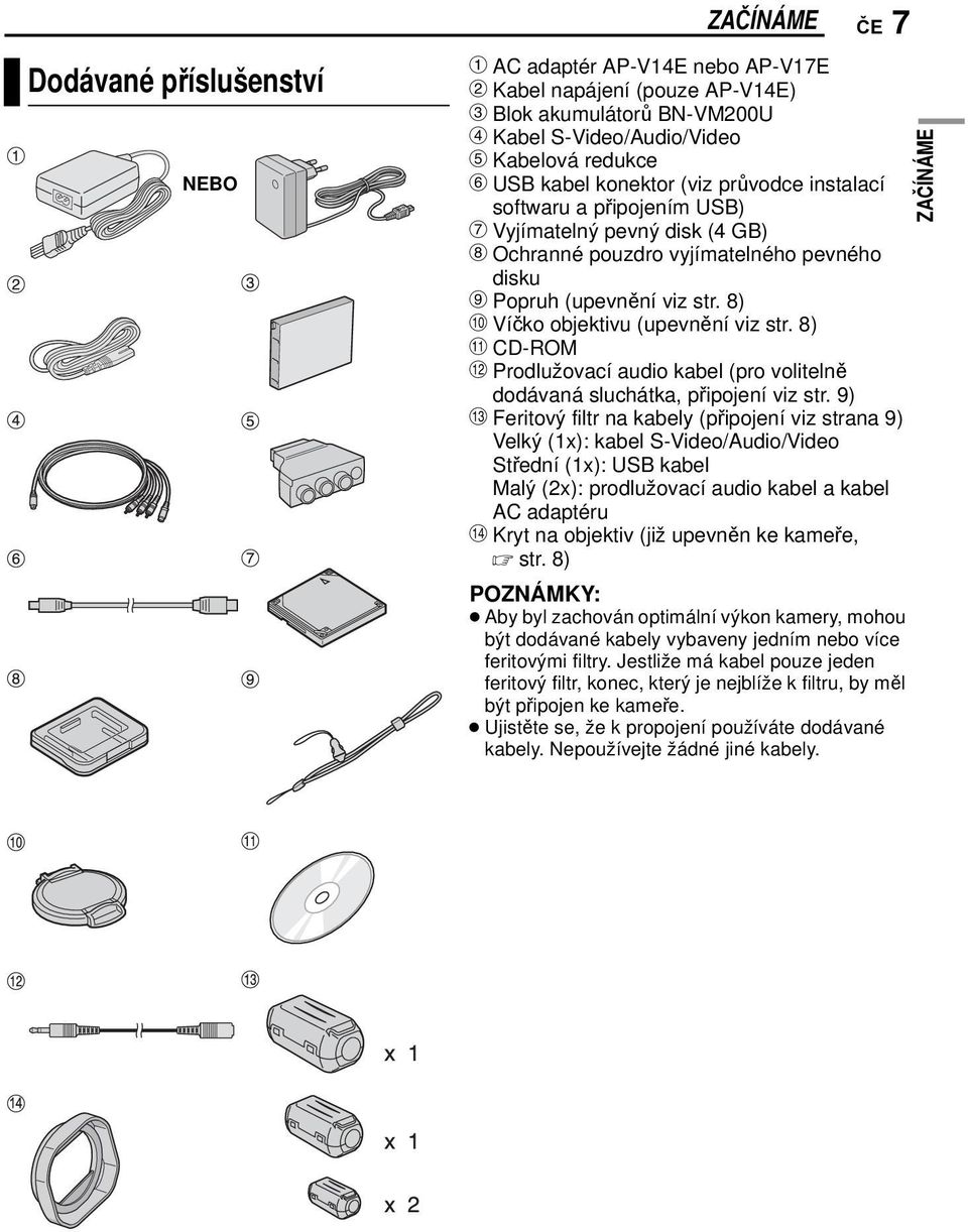 8) j Víčko objektivu (upevnění viz str. 8) k CD-ROM l Prodlužovací audio kabel (pro volitelně dodávaná sluchátka, připojení viz str.