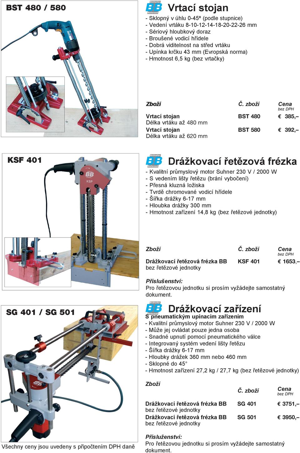 2000 W S vedením lišty řetězu (brání vybčení) Přesná kluzná lžiska Tvrdě chrmvané vdicí hřídele Šířka drážky 617 mm Hlubka drážky 300 mm Hmtnst zařízení 14,8 kg (bez řetězvé jedntky) Drážkvací