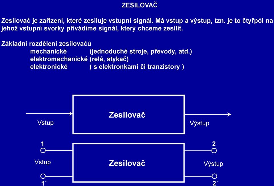 Základní rozdělení zesilovačů mechanické (jednoduché stroje, převody, atd.