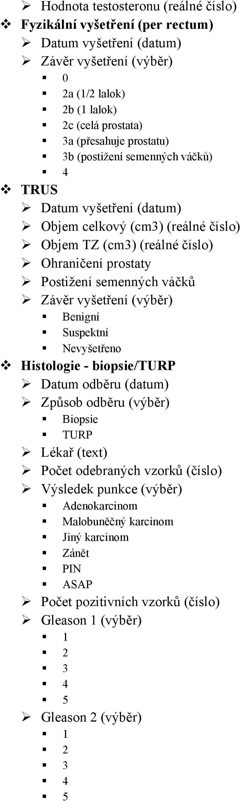 semenných váčků Závěr vyšetření (výběr) Benigní Suspektní vyšetřeno Histologie - biopsie/turp Datum odběru (datum) Způsob odběru (výběr) Biopsie TURP Lékař (text) Počet