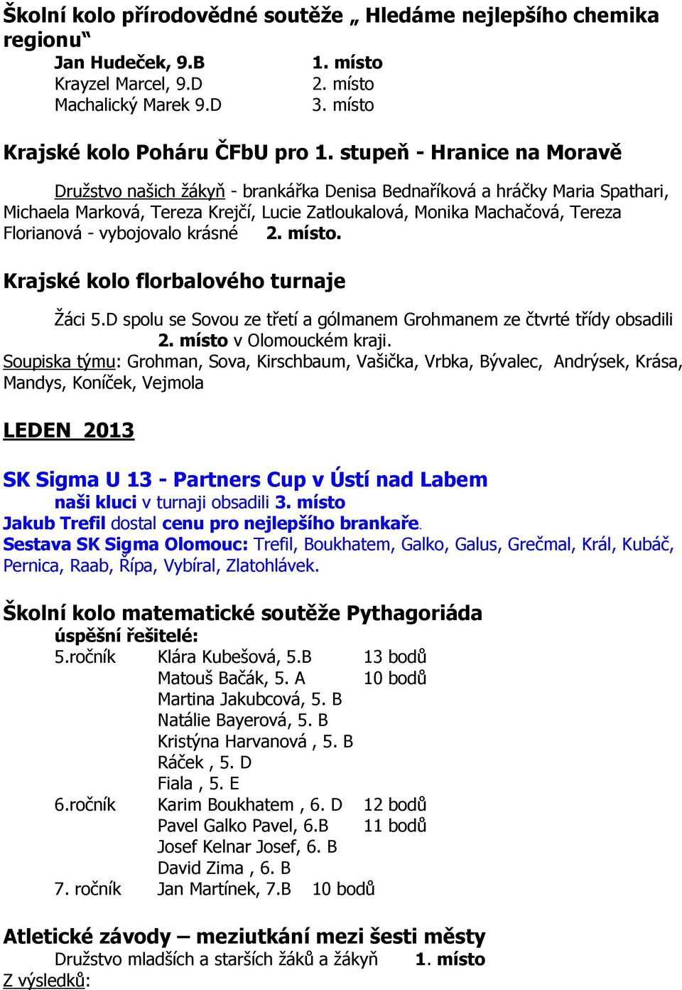 vybojovalo krásné 2. místo. Krajské kolo florbalového turnaje Žáci 5.D spolu se Sovou ze třetí a gólmanem Grohmanem ze čtvrté třídy obsadili 2. místo v Olomouckém kraji.