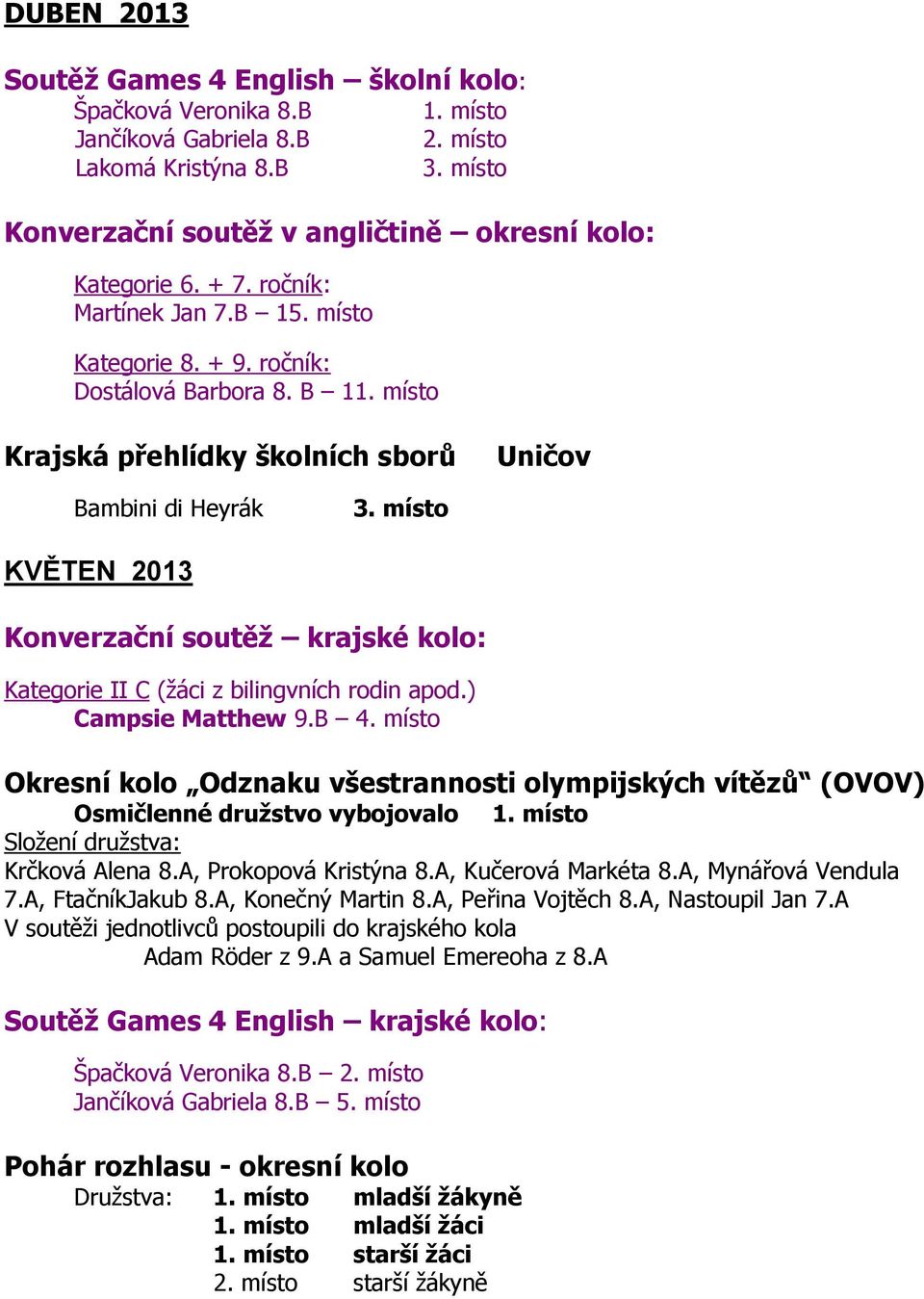 místo KVĚTEN 2013 Konverzační soutěž krajské kolo: Kategorie II C (žáci z bilingvních rodin apod.) Campsie Matthew 9.B 4.