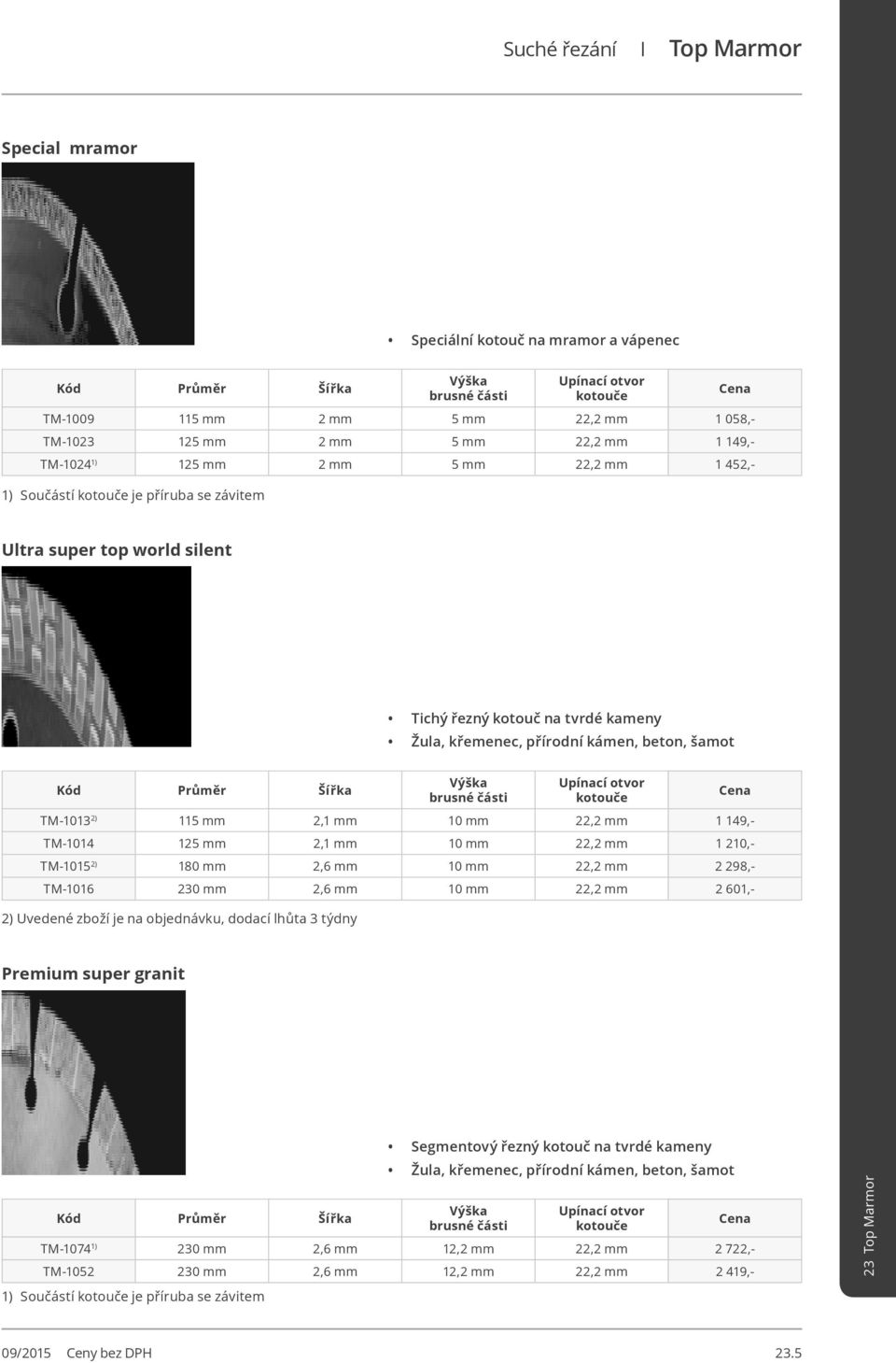 TM-1014 125 mm 2,1 mm 10 mm 22,2 mm 1 210,- TM-1015 2) 180 mm 2,6 mm 10 mm 22,2 mm 2 298,- TM-1016 230 mm 2,6 mm 10 mm 22,2 mm 2 601,- 2) Uvedené zboží je na objednávku, dodací lhůta 3 týdny Premium