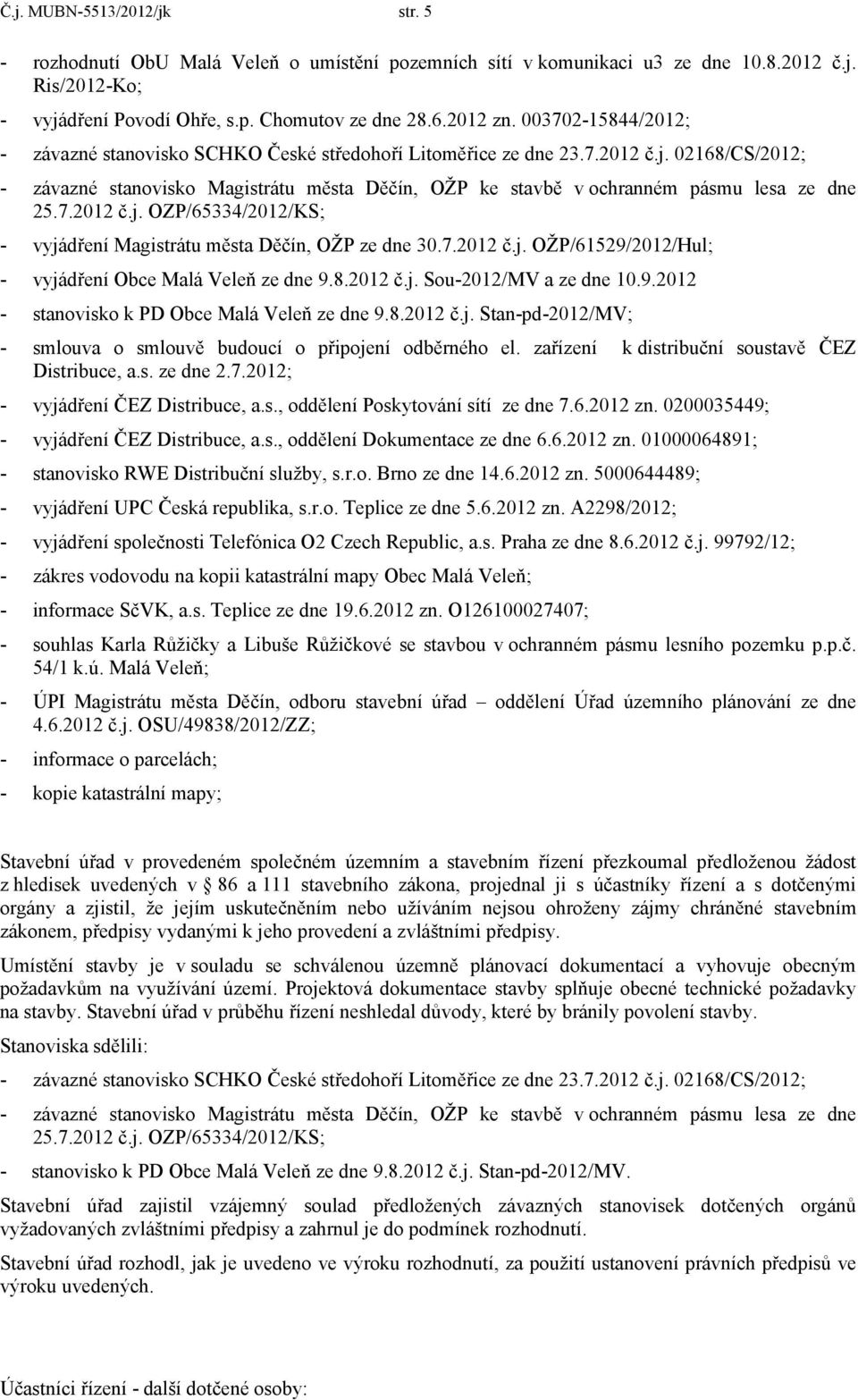 02168/CS/2012; - závazné stanovisko Magistrátu města Děčín, OŽP ke stavbě v ochranném pásmu lesa ze dne 25.7.2012 č.j. OZP/65334/2012/KS; - vyjádření Magistrátu města Děčín, OŽP ze dne 30.7.2012 č.j. OŽP/61529/2012/Hul; - vyjádření Obce Malá Veleň ze dne 9.