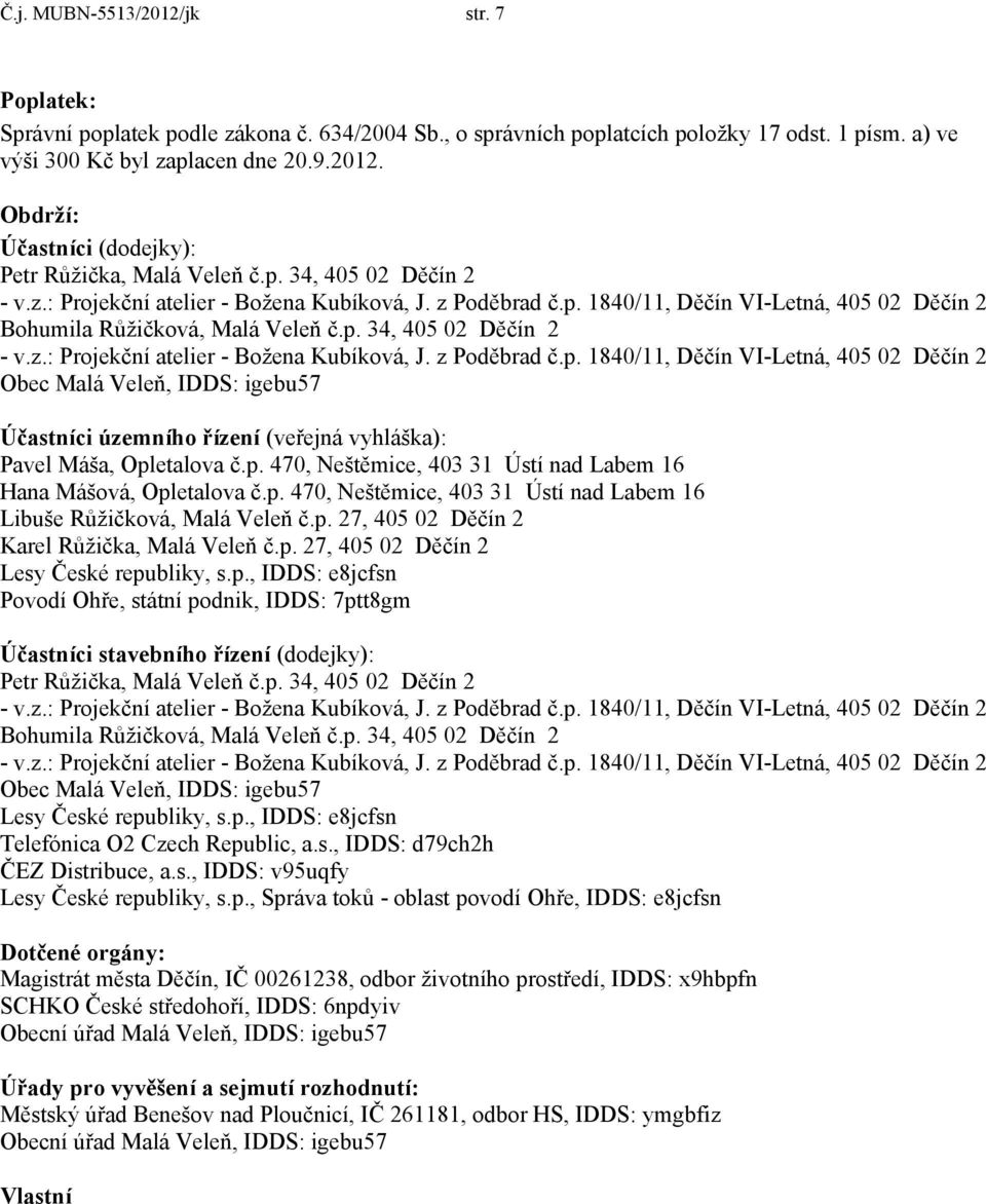 p. 470, Neštěmice, 403 31 Ústí nad Labem 16 Libuše Růžičková, Malá Veleň č.p. 27, 405 02 Děčín 2 Karel Růžička, Malá Veleň č.p. 27, 405 02 Děčín 2 Lesy České republiky, s.p., IDDS: e8jcfsn Povodí Ohře, státní podnik, IDDS: 7ptt8gm Účastníci stavebního řízení (dodejky): Petr Růžička, Malá Veleň č.