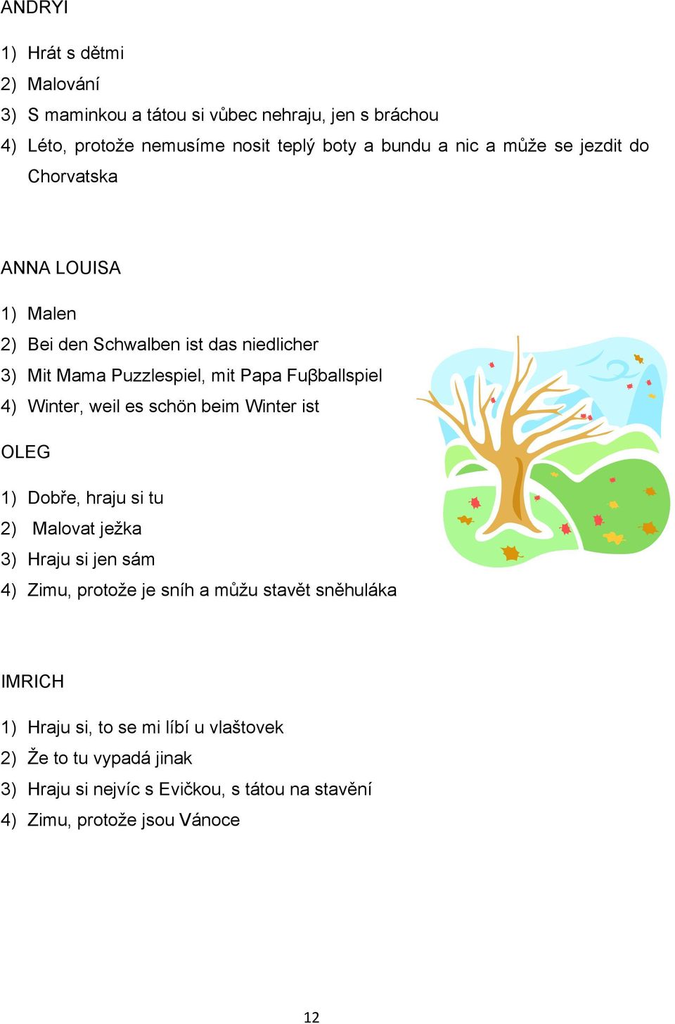 weil es schön beim Winter ist OLEG 1) Dobře, hraju si tu 2) Malovat ježka 3) Hraju si jen sám 4) Zimu, protože je sníh a můžu stavět sněhuláka