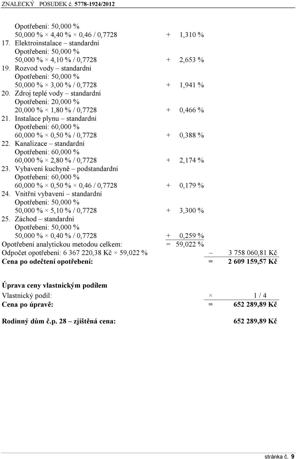 Instalace plynu standardní 60,000 % 0,50 % / 0,7728 + 0,388 % 22. Kanalizace standardní 60,000 % 2,80 % / 0,7728 + 2,174 % 23.