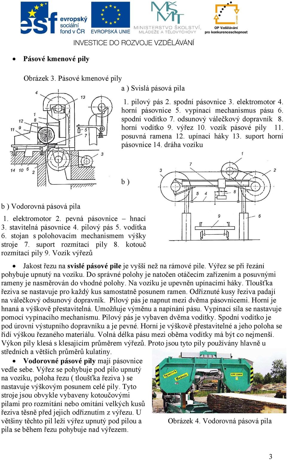 elektromotor 2. pevná pásovnice hnací 3. stavitelná pásovnice 4. pilový pás 5. vodítka 6. stojan s polohovacím mechanismem výšky stroje 7. suport rozmítací pily 8. kotouč rozmítací pily 9.