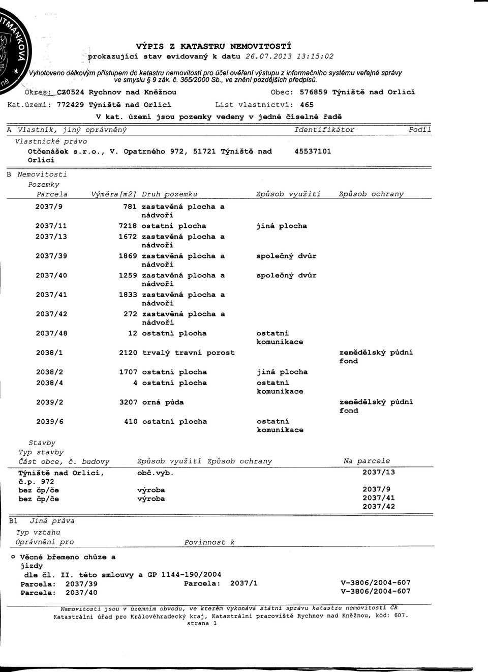 Opatrneho 972, 51721 Orlici Tyniste nad 45537101 B Nemovitosti Pozemky Parcela Vymera[m2] Druh pozemku Zpusob vyuzitl Zpusob ochrany 781 zastavena plocha a 2037/11 2037/13 2037/39 2037/40 2037/41