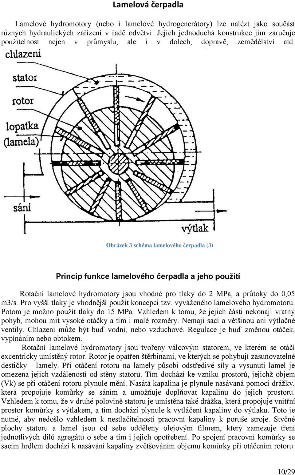 Obrázek 3 schéma lamelového čerpadla (3) Princip funkce lamelového čerpadla a jeho použití Rotační lamelové hydromotory jsou vhodné pro tlaky do 2 MPa, a průtoky do 0,05 m3/s.