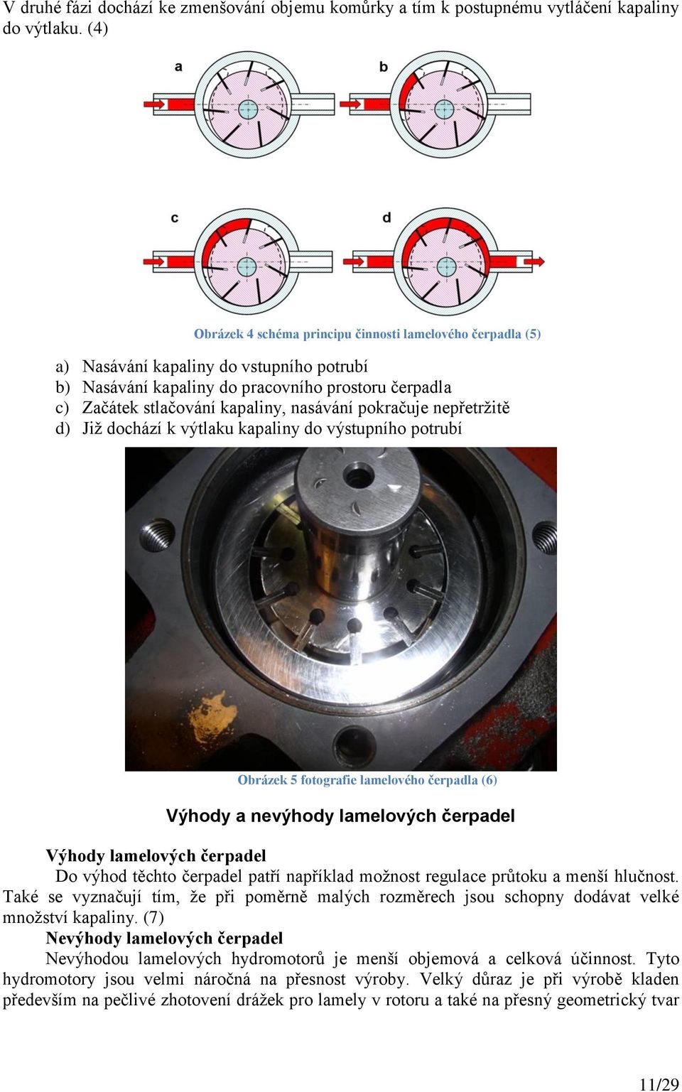 pokračuje nepřetržitě d) Již dochází k výtlaku kapaliny do výstupního potrubí Obrázek 5 fotografie lamelového čerpadla (6) Výhody a nevýhody lamelových čerpadel Výhody lamelových čerpadel Do výhod