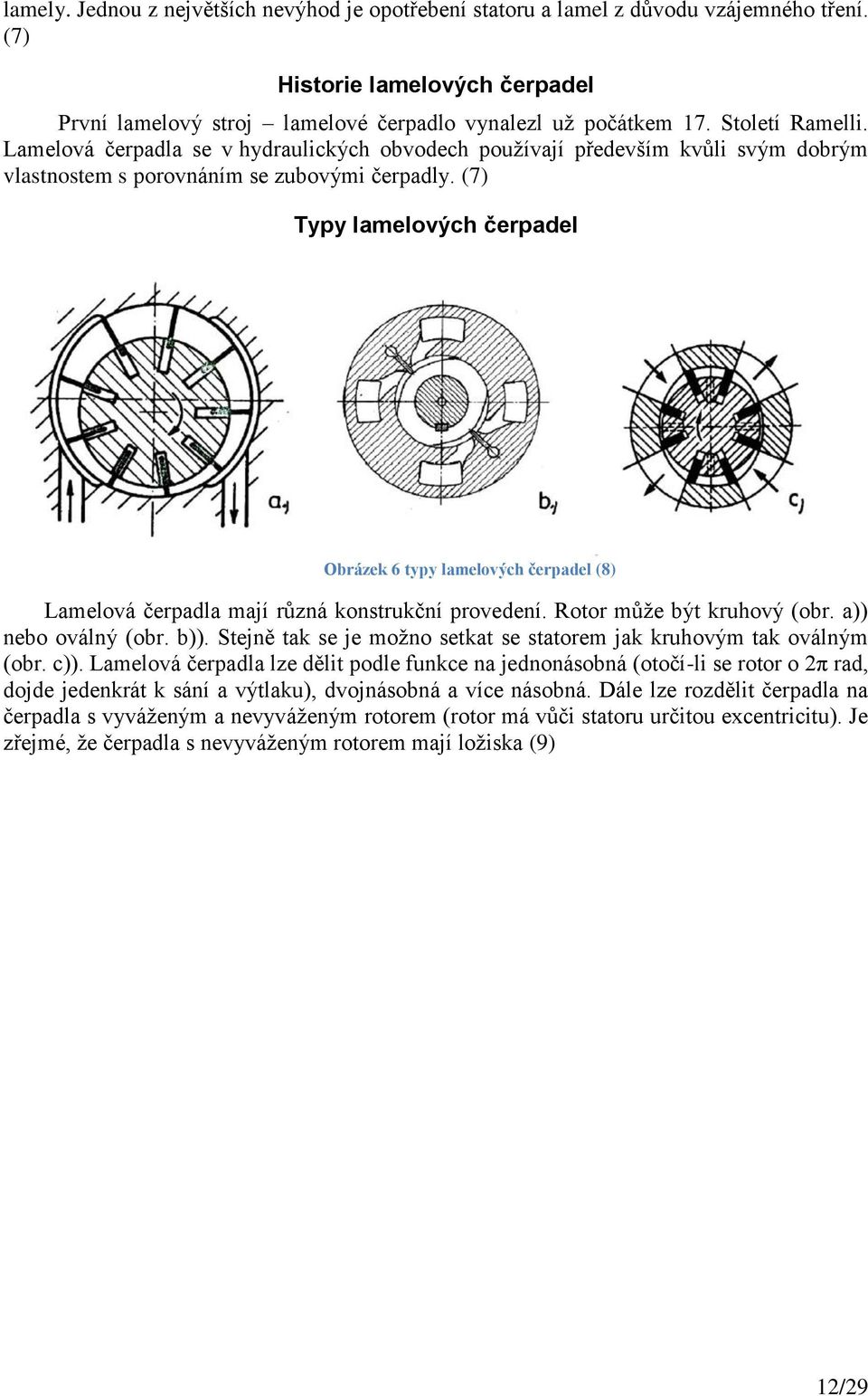 (7) Typy lamelových čerpadel Obrázek 6 typy lamelových čerpadel (8) Lamelová čerpadla mají různá konstrukční provedení. Rotor může být kruhový (obr. a)) nebo oválný (obr. b)).
