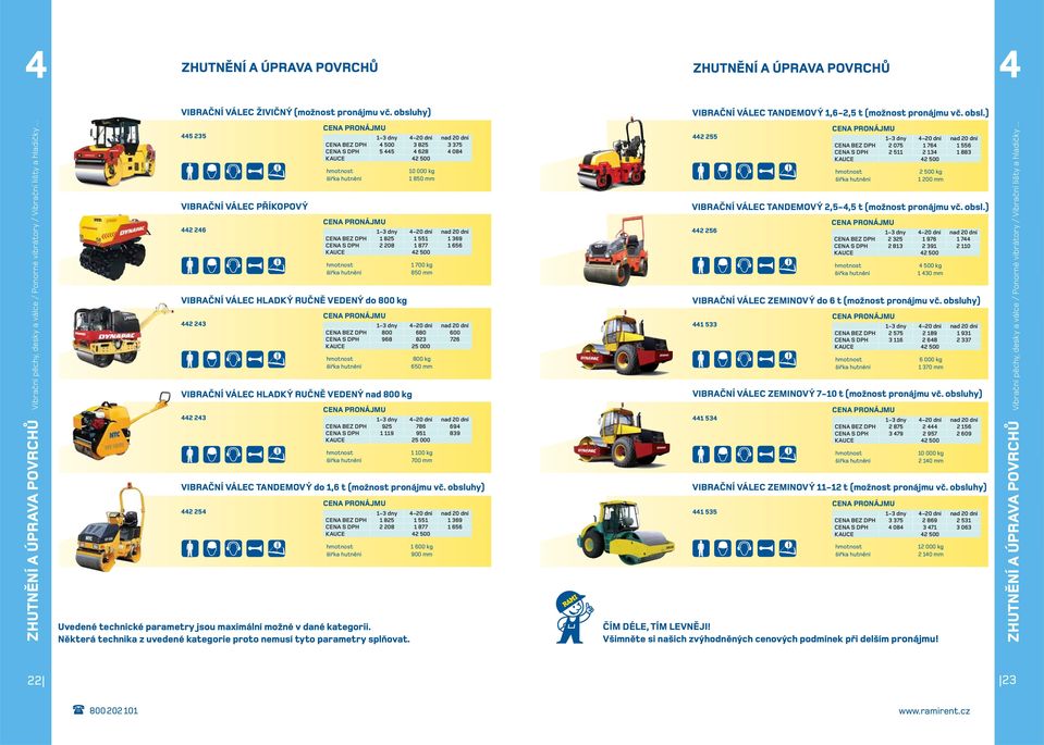 obsluhy) 445 235 VIBRAČNÍ VÁLEC PŘÍKOPOVÝ 442 246 CENA BEZ DPH 4 500 3 825 3 375 CENA S DPH 5 445 4 628 4 084 šířka hutnění 10 000 kg 1 850 mm CENA BEZ DPH 1 825 1 551 1 369 CENA S DPH 2 208 1 877 1