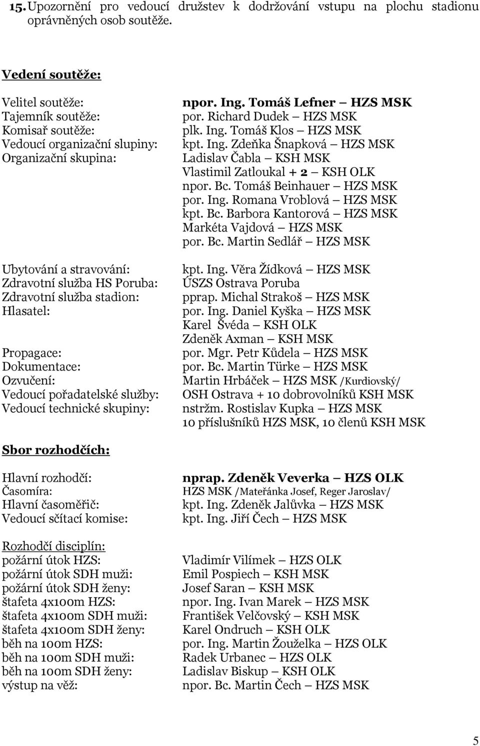 Hlasatel: Propagace: Dokumentace: Ozvučení: Vedoucí pořadatelské služby: Vedoucí technické skupiny: npor. Ing. Tomáš Lefner HZS MSK por. Richard Dudek HZS MSK plk. Ing. Tomáš Klos HZS MSK kpt. Ing. Zdeňka Šnapková HZS MSK Ladislav Čabla KSH MSK Vlastimil Zatloukal + 2 KSH OLK npor.