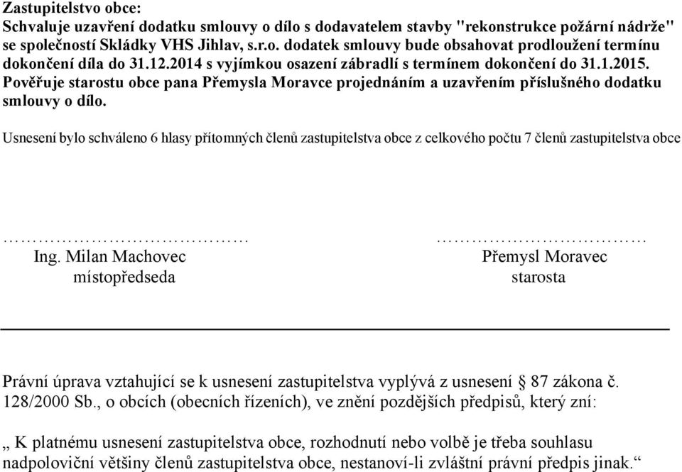 Usnesení bylo schváleno 6 hlasy přítomných členů zastupitelstva z celkového počtu 7 členů zastupitelstva Ing.