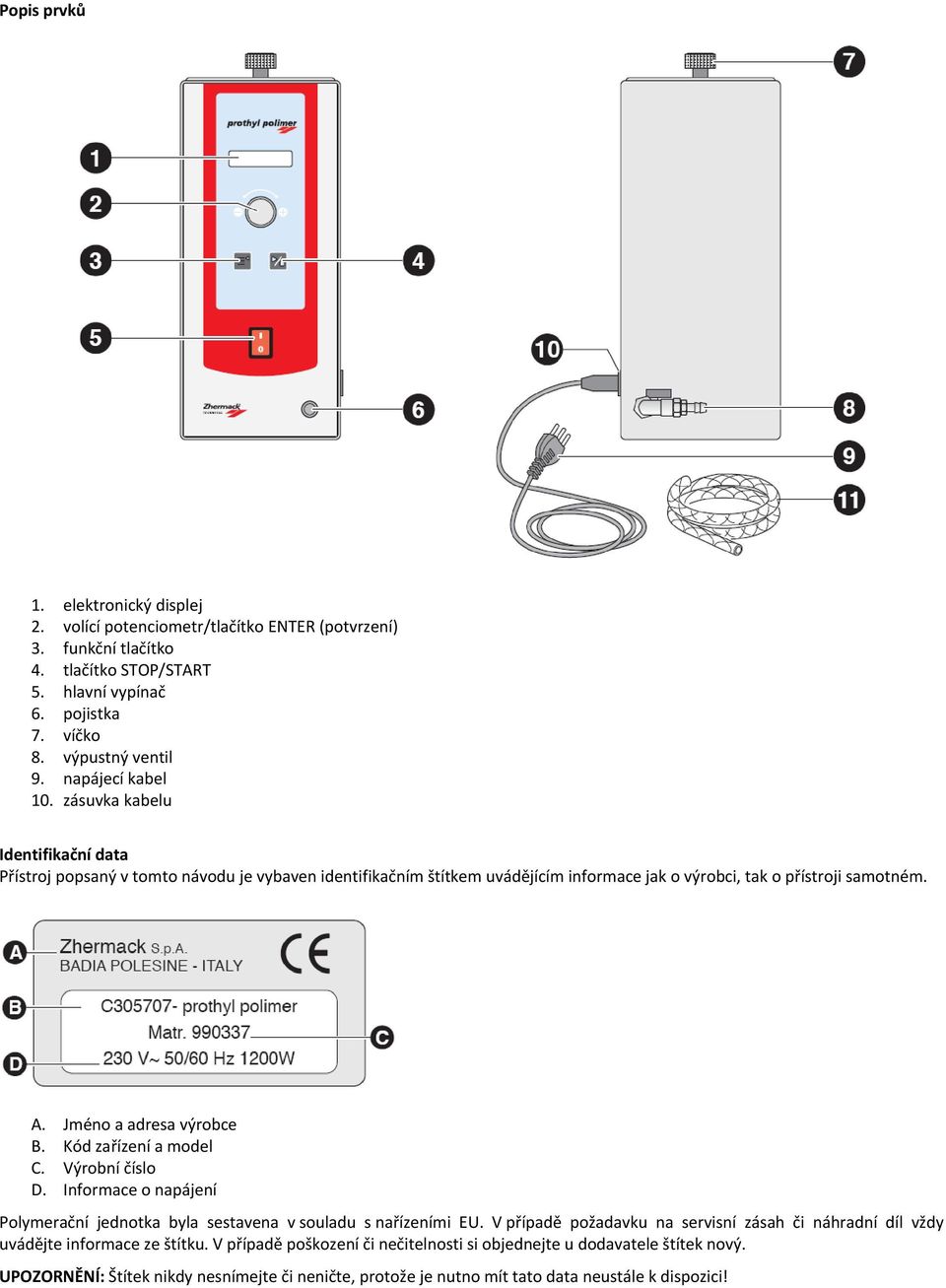 Jméno a adresa výrobce B. Kód zařízení a model C. Výrobní číslo D. Informace o napájení Polymerační jednotka byla sestavena v souladu s nařízeními EU.