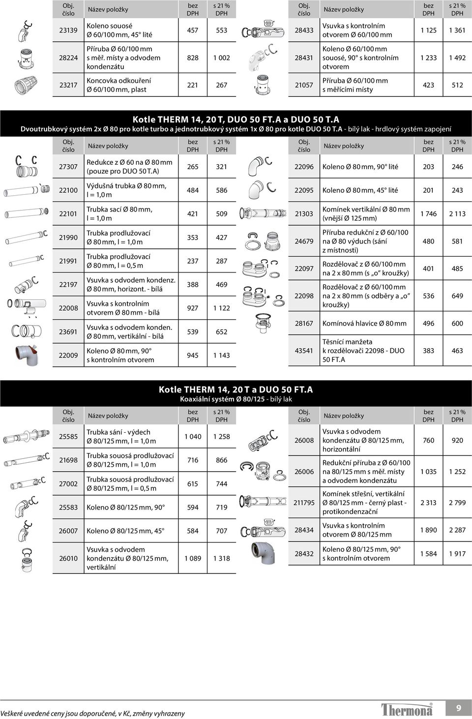 místy 423 512 Kotle THERM 14, 20 T, DUO 50 FT.A a DUO 50 T.A Dvoutrubkový systém 2x Ø 80 pro kotle turbo a jednotrubkový systém 1x Ø 80 pro kotle DUO 50 T.