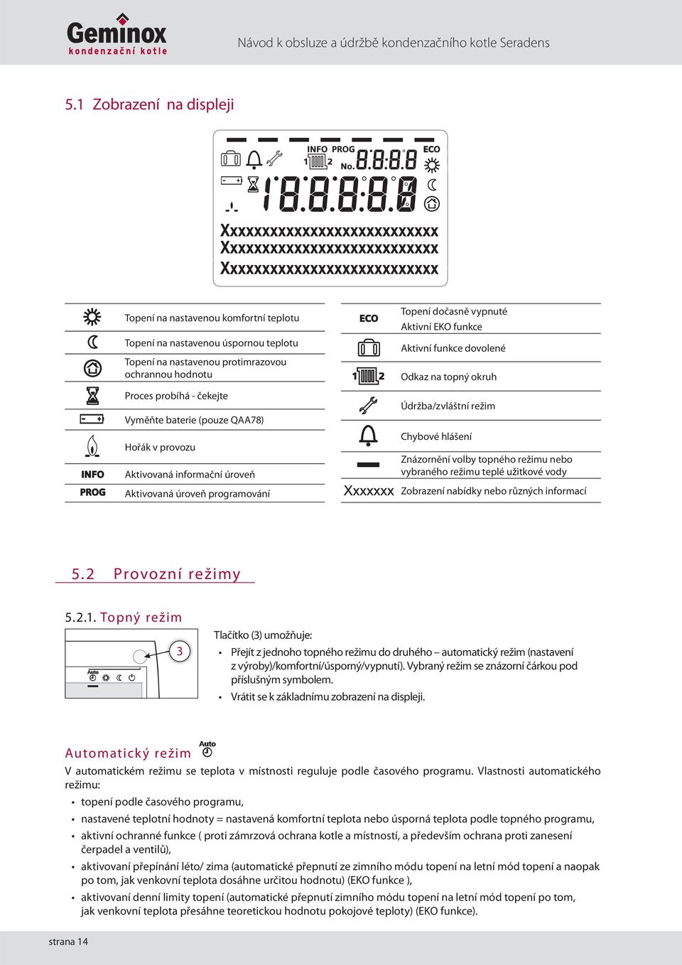 (pouze QAA78) Hořák v provozu Aktivovaná informační úroveň Aktivovaná úroveň programování Topení dočasně vypnuté Aktivní EKO funkce Aktivní funkce dovolené Odkaz na topný okruh Údržba/zvláštní režim