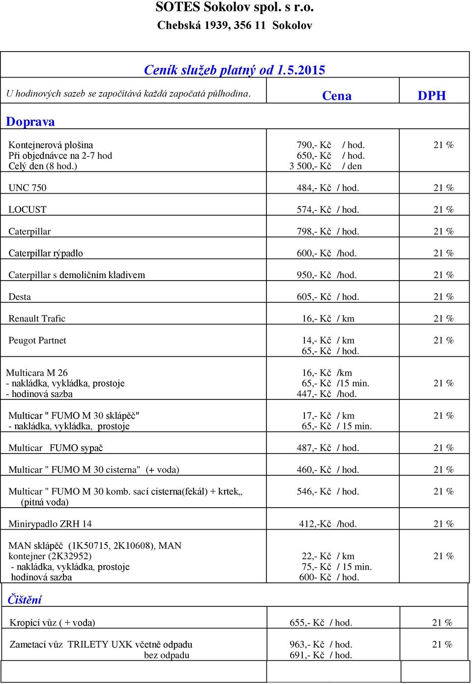 ) 790,- Kč 650,- Kč 3 500,- Kč / den UNC 750 484,- Kč LOCUST 574,- Kč Caterpillar 798,- Kč Caterpillar rýpadlo 600,- Kč Caterpillar s demoličním kladivem 950,- Kč Desta 605,- Kč Renault Trafic 16,-