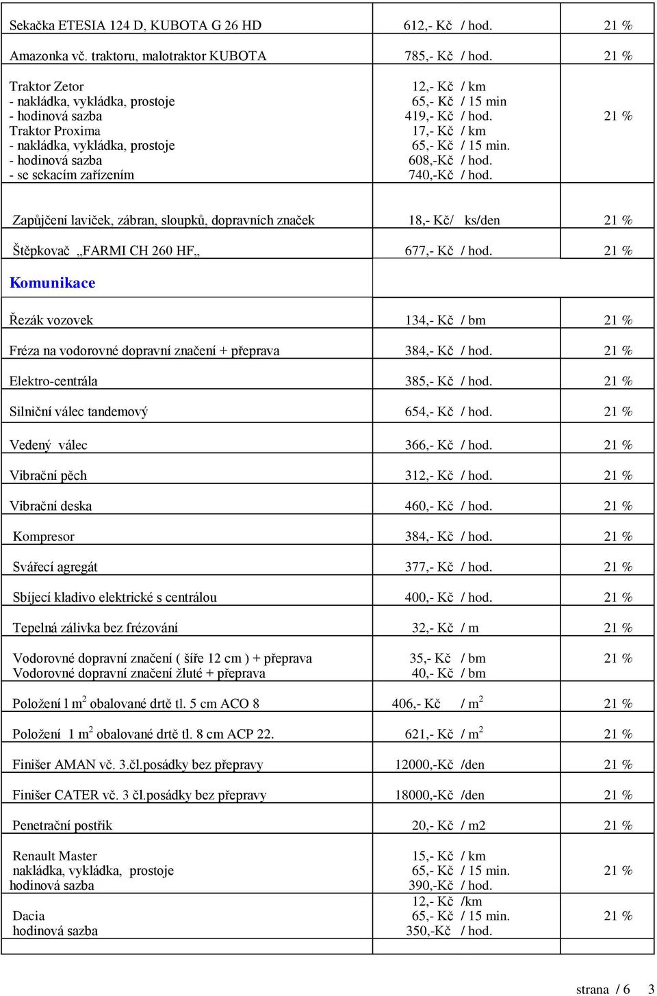 zábran, sloupků, dopravních značek 18,- Kč/ ks Štěpkovač FARMI CH 260 HF 677,- Kč Komunikace Řezák vozovek 134,- Kč / bm Fréza na vodorovné dopravní značení + přeprava 384,- Kč Elektro-centrála 385,-