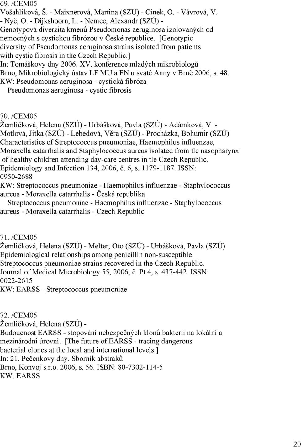 [Genotypic diversity of Pseudomonas aeruginosa strains isolated from patients with cystic fibrosis in the Czech Republic.] In: Tomáškovy dny 2006. XV.
