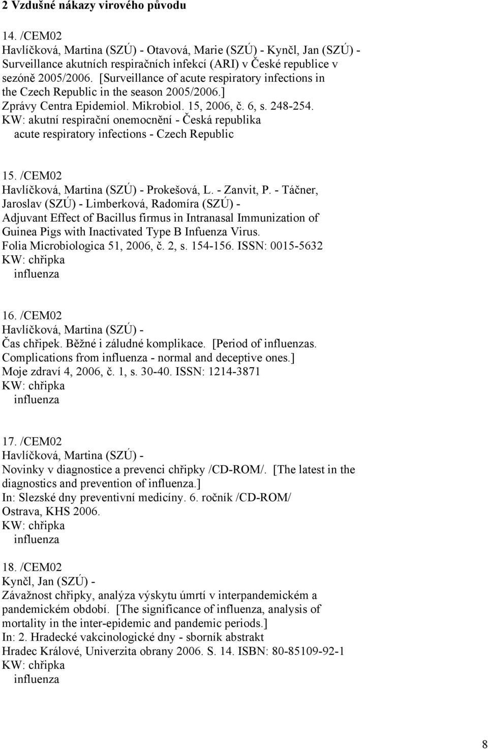 KW: akutní respirační onemocnění - Česká republika acute respiratory infections - Czech Republic 15. /CEM02 Havlíčková, Martina (SZÚ) - Prokešová, L. - Zanvit, P.