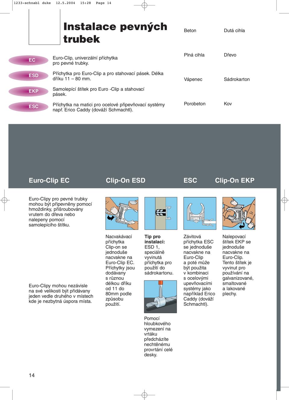Porobeton Kov Euro-Clip EC Clip-On ESD ESC Clip-On EKP Euro-Clipy pro pevné trubky mohou být připevněny pomocí hmoždinky, přišroubovány vrutem do dřeva nebo nalepeny pomocí samolepícího štítku.