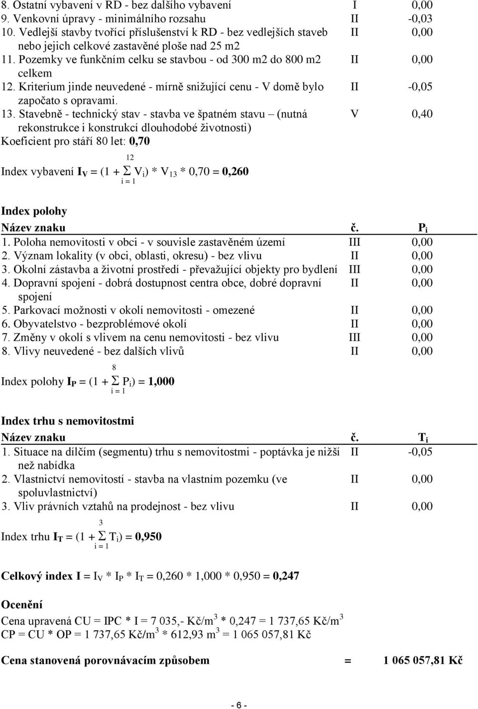 Pozemky ve funkčním celku se stavbou - od 300 m2 do 800 m2 II 0,00 celkem 12. Kriterium jinde neuvedené - mírně snižující cenu - V domě bylo II -0,05 započato s opravami. 13.