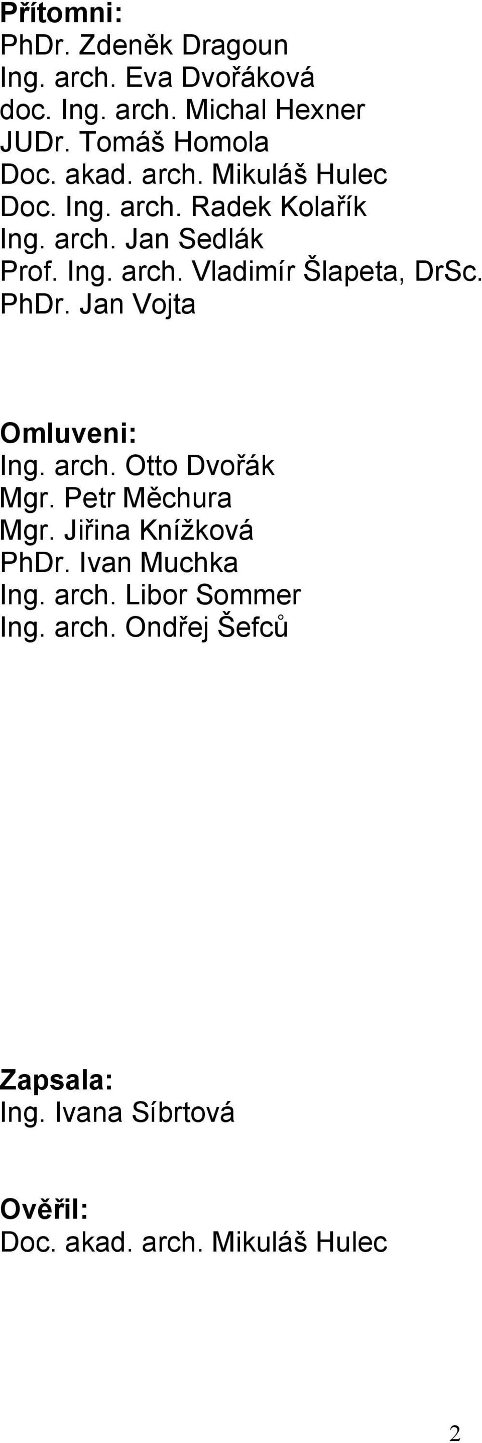 PhDr. Jan Vojta Omluveni: Ing. arch. Otto Dvořák Mgr. Petr Měchura Mgr. Jiřina Knížková PhDr. Ivan Muchka Ing.