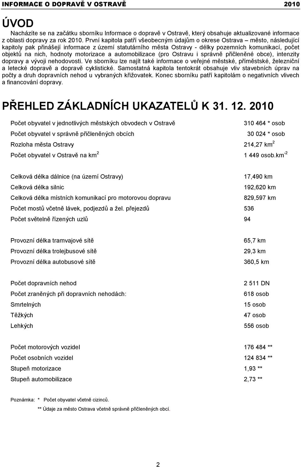 hodnoty motorizace a automobilizace (pro Ostravu i správně přičleněné obce), intenzity dopravy a vývoji nehodovosti.