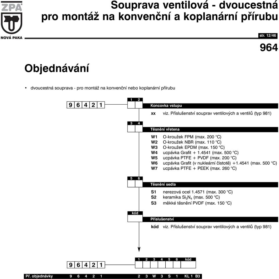 Příslušenství souprav ventilových a ventilů (typ 98) 3 4 Těsnění vřetena W W2 W3 W4 W5 W6 W7 O-kroužek FPM (max. 200 C) O-kroužek NBR (max. 0 C) O-kroužek EPDM (max. 50 C) ucpávka Grafit +.454 (max.