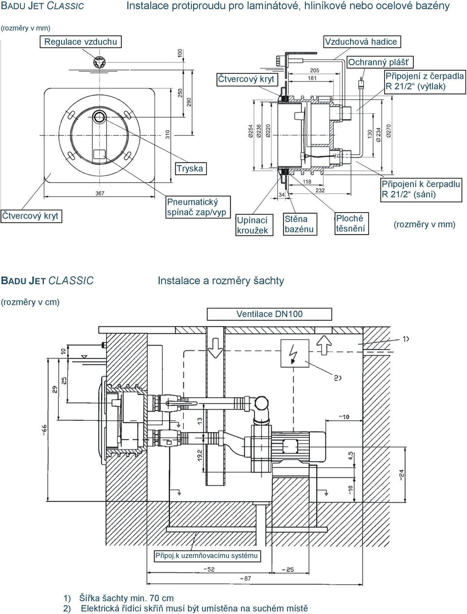 Stěna bazénu Ploché těsnění Připojení k čerpadlu R 21/2 (sání) (rozměry v mm) BADU JET CLASSIC (rozměry v cm) Instalace a rozměry