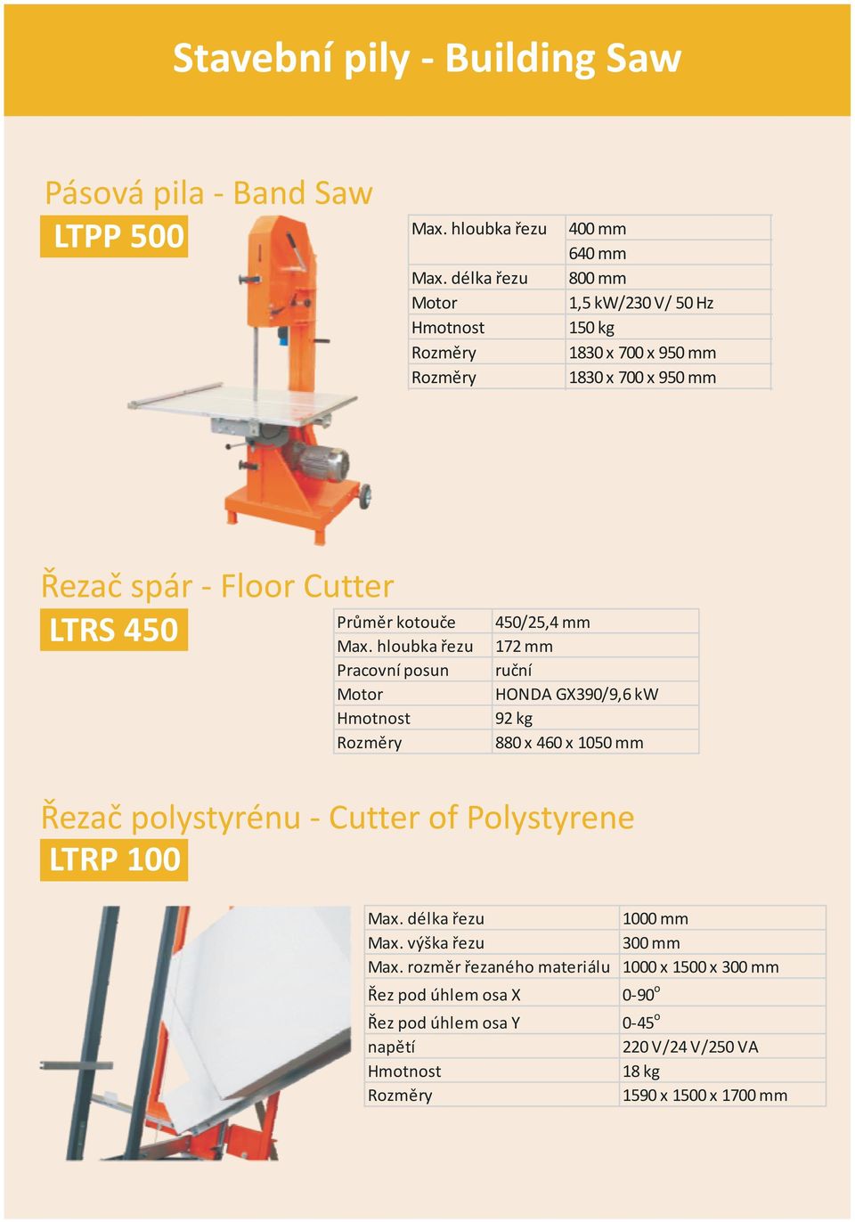 hloubka řezu Pracovní posun 450/25,4 mm 172 mm ruční HONDA GX390/9,6 kw 92 kg 880 x 460 x 1050 mm Řezač polystyrénu - Cutter of Polystyrene LTRP