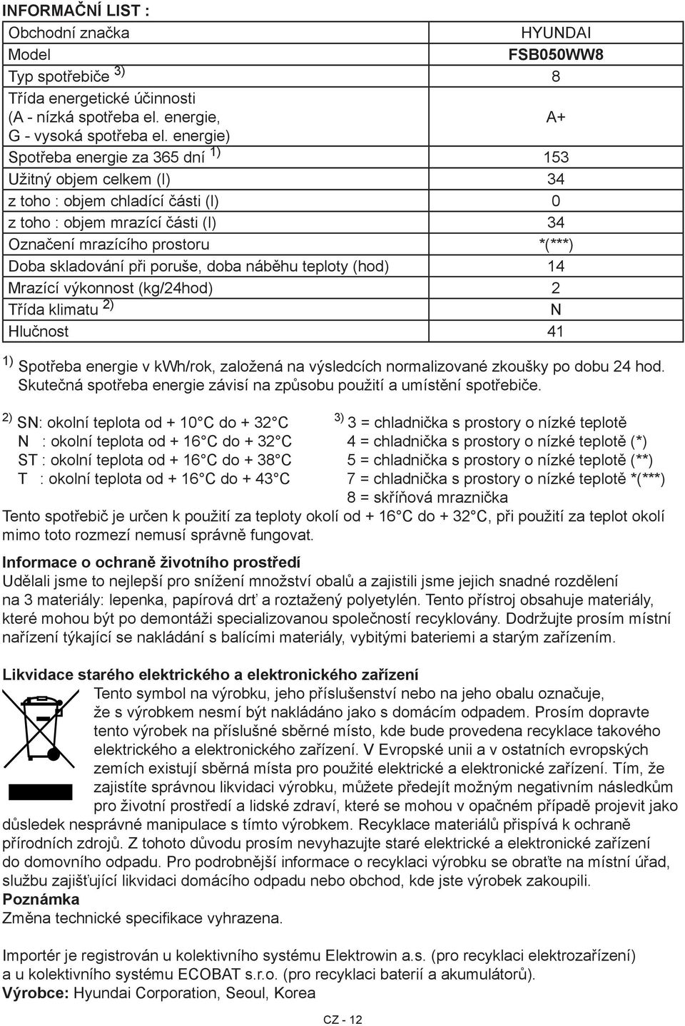 poruše, doba náběhu teploty (hod) 14 Mrazící výkonnost (kg/24hod) 2 Třída klimatu 2) N Hlučnost 41 1) Spotřeba energie v kwh/rok, založená na výsledcích normalizované zkoušky po dobu 24 hod.