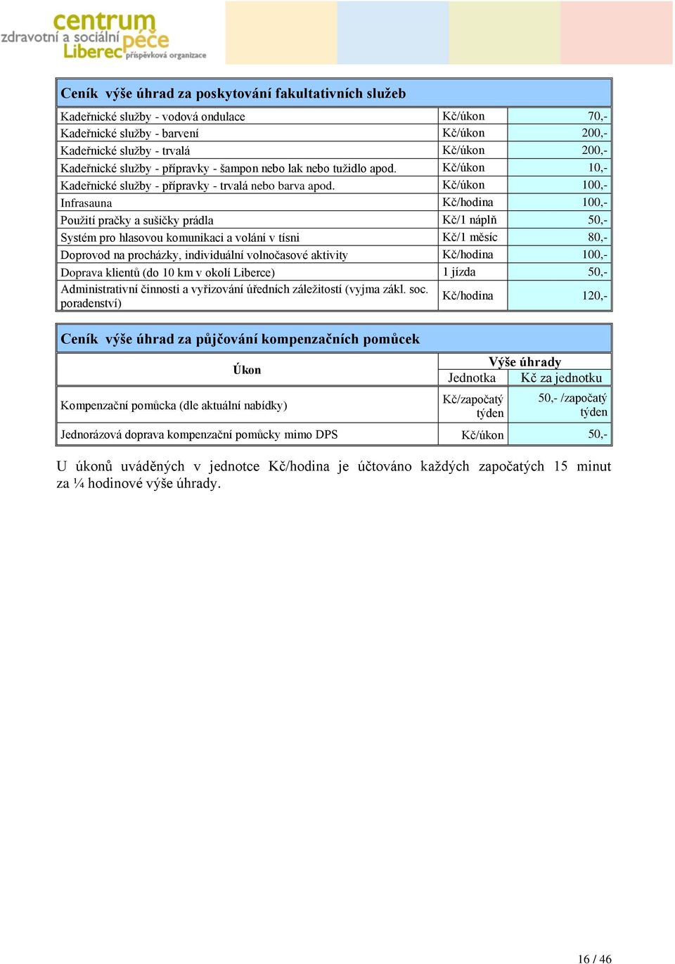 Kč/úkon 100,- Infrasauna Kč/hodina 100,- Použití pračky a sušičky prádla Kč/1 náplň 50,- Systém pro hlasovou komunikaci a volání v tísni Kč/1 měsíc 80,- Doprovod na procházky, individuální