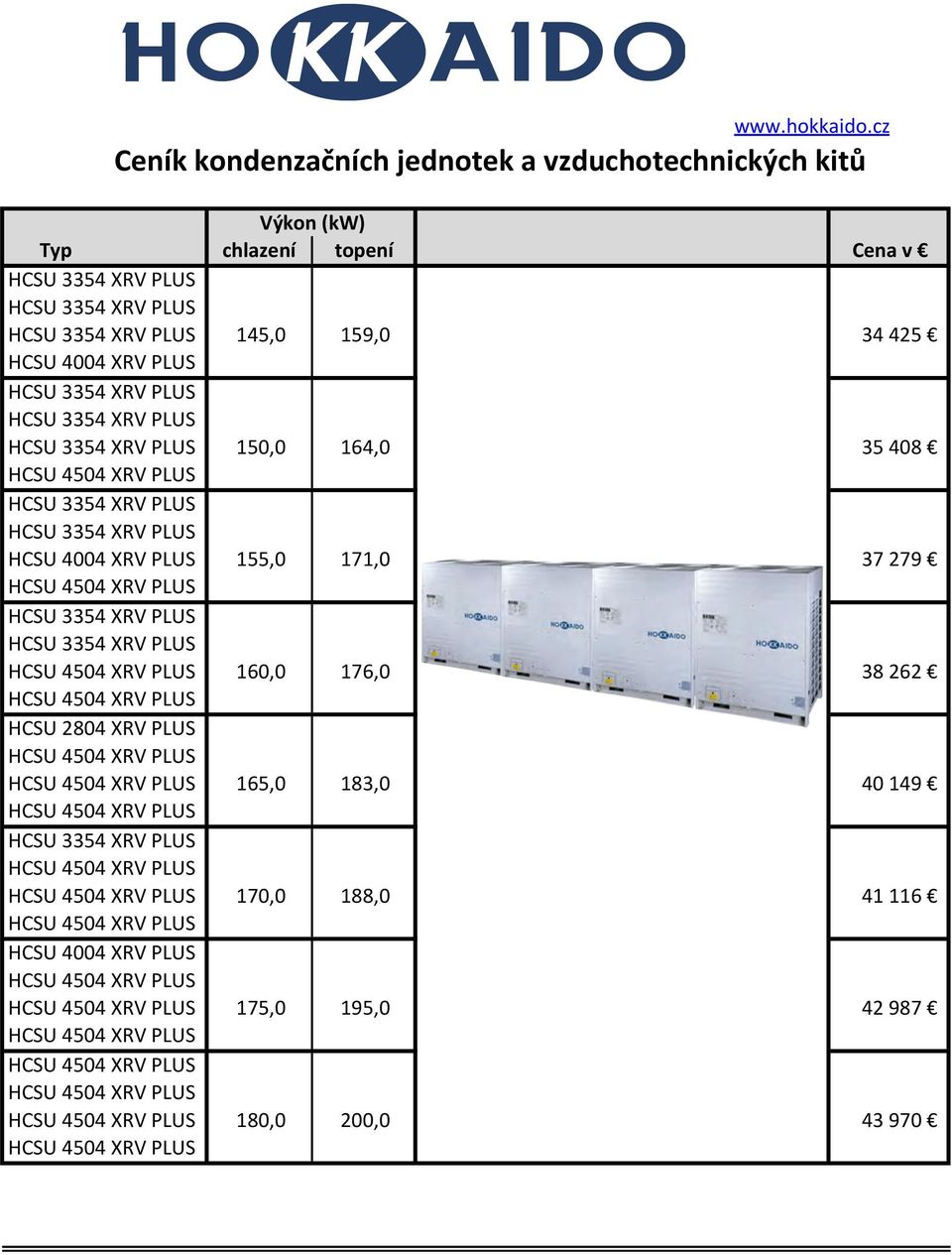 chlazení topení Cena v 145,0 159,0 34 425 HCSU 4004 XRV PLUS 150,0 164,0 35 408