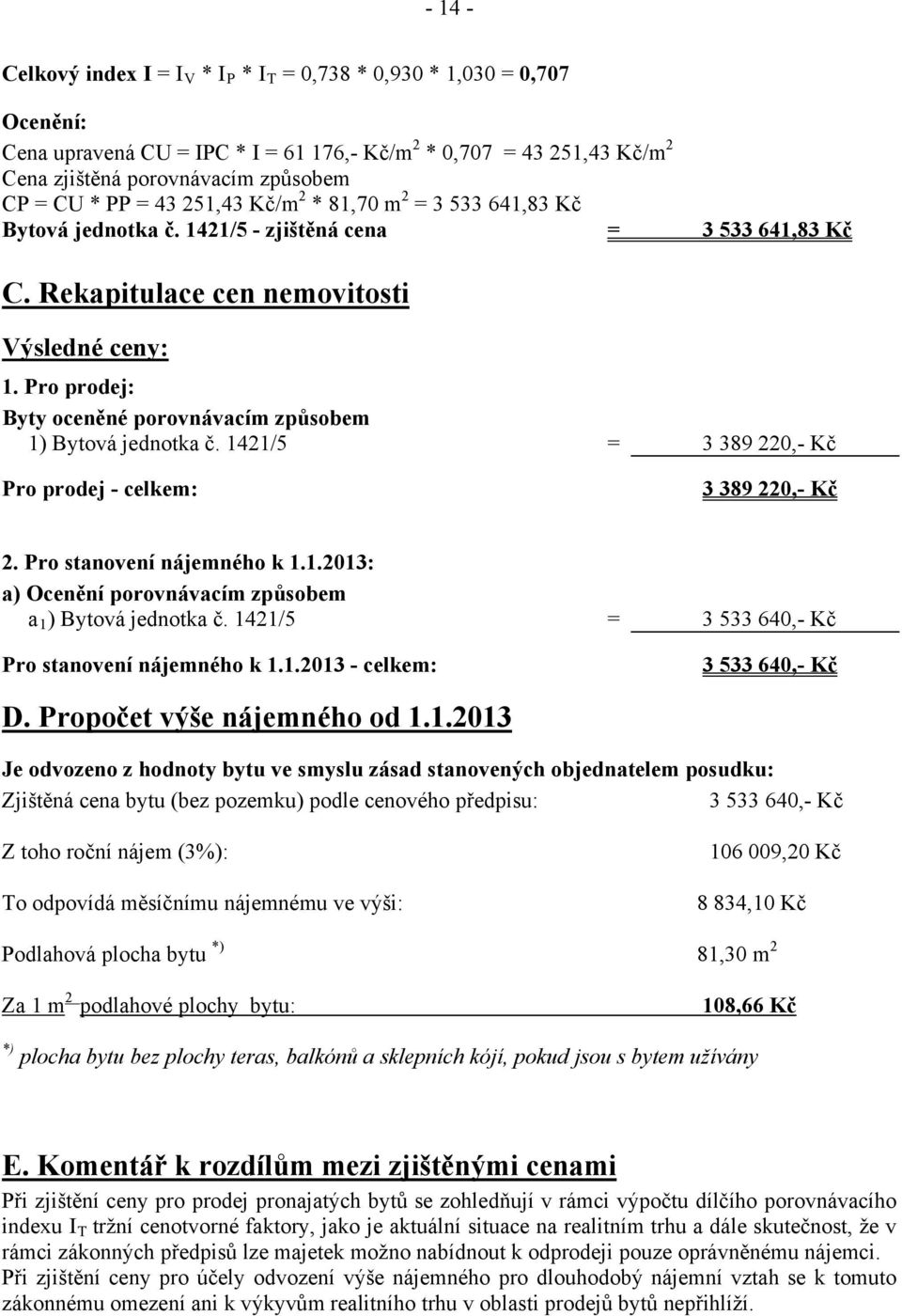 Pro prodej: Byty oceněné porovnávacím způsobem 1) Bytová jednotka č. 1421/5 = 3 389 220,- Kč Pro prodej - celkem: 3 389 220,- Kč 2. Pro stanovení nájemného k 1.1.2013: a) Ocenění porovnávacím způsobem a 1 ) Bytová jednotka č.