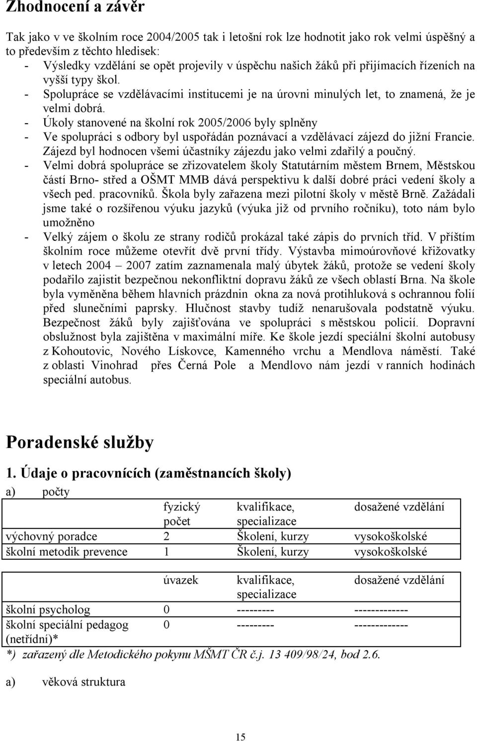 - Úkoly stanovené na školní rok 2005/2006 byly splněny - Ve spolupráci s odbory byl uspořádán poznávací a vzdělávací zájezd do jižní Francie.