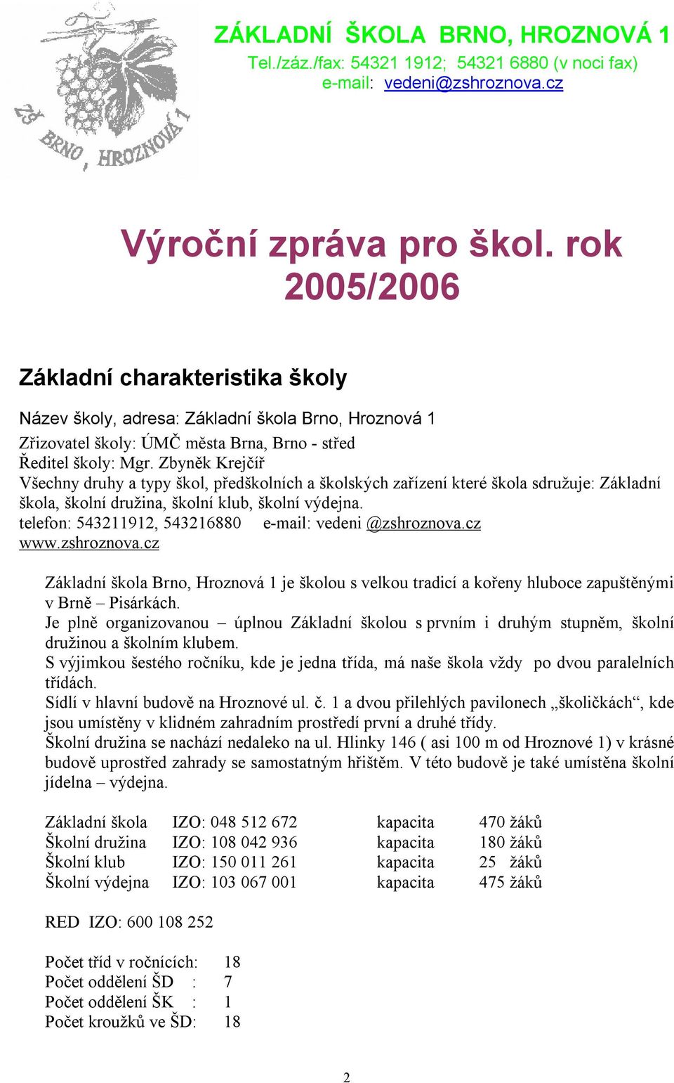 Zbyněk Krejčíř Všechny druhy a typy škol, předškolních a školských zařízení které škola sdružuje: Základní škola, školní družina, školní klub, školní výdejna.