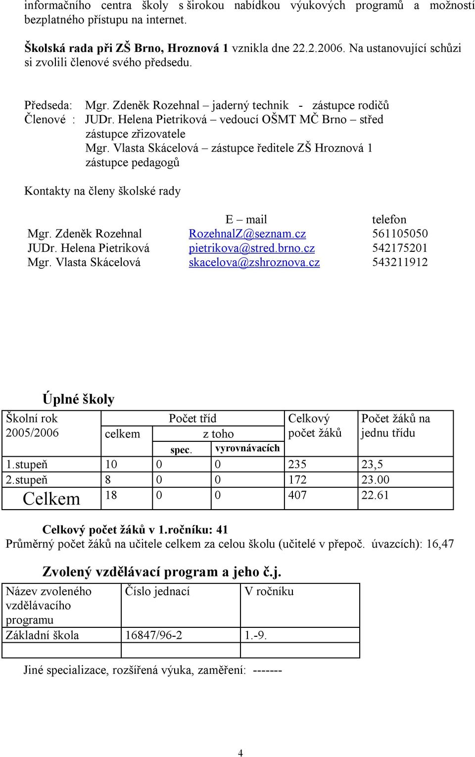 Helena Pietriková vedoucí OŠMT MČ Brno střed zástupce zřizovatele Mgr. Vlasta Skácelová zástupce ředitele ZŠ Hroznová zástupce pedagogů Kontakty na členy školské rady E mail telefon Mgr.